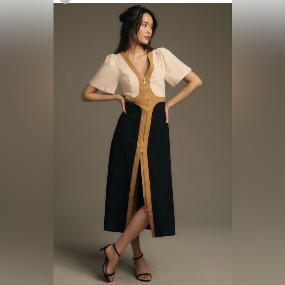 By Anthropologie Short-Sleeve V-Neck Tipped Midi Dress
